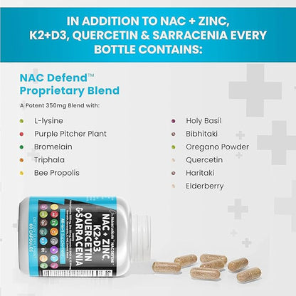 Clean Nutraceuticals NAC Supplement N-Acetyl Cysteine Vitamin D3 K2 Zinc Quercetin Sarracenia Purpurea with Elderberry Holy Basil Bee Propolis Bromelain L-Lysine (2)