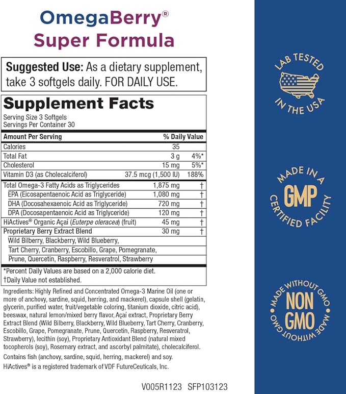 Purity Products OmegaBerry Fish Oil w/Vitamin D3 + Organic Acai Super Formula - 1875 mg of Concentrated, Molecularly Distilled, Ultra Pure Omega-3s 1080 mg EPA + 720mg DHA + 120 mg DPA - 90 Count