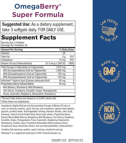 Purity Products OmegaBerry Fish Oil w/Vitamin D3 + Organic Acai Super Formula - 1875 mg of Concentrated, Molecularly Distilled, Ultra Pure Omega-3s 1080 mg EPA + 720mg DHA + 120 mg DPA - 90 Count