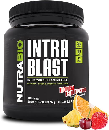NutraBio Intra Blast Bcaa Powder Amino Acid Supplement, Electrolyte & Hydration Blend, Intra, Pre Workout & Muscle Recovery, 20g Eaa Amino Acids Powder, 5g Glutamine- Tropical Fruit Punch, 30 Serving