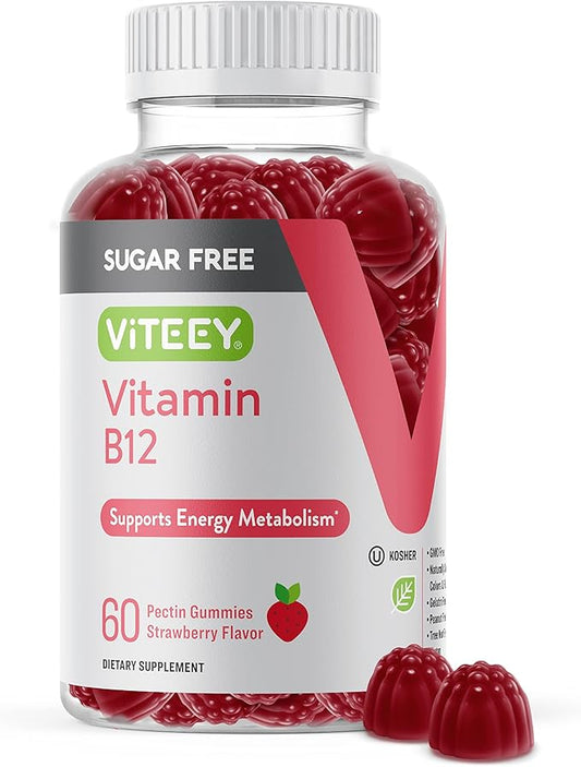 Vitamin B12 Gummies for Adults & Teens 1000mcg, Sugar Free - Good for Energy, Metabolism, Natural Energy Support - Vegan, Gelatin Free, Gluten Free, GMO Free - Tasty Chewable Strawberry Flavored Gummy