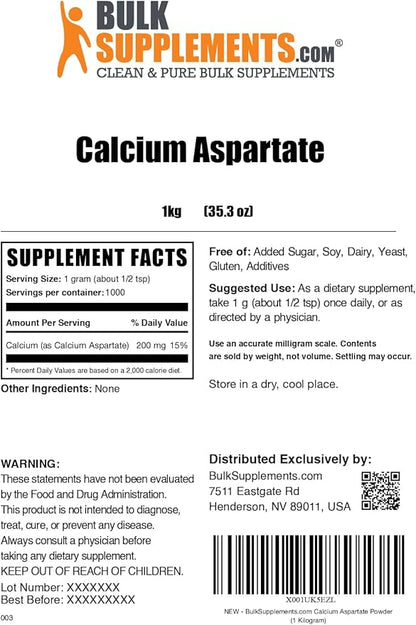 BulkSupplements.com Calcium Aspartate Powder - Calcium Supplement Powder, Essential Nutrient - Gluten Free, 1g per Serving, 1kg (2.2 lbs) (Pack of 1)