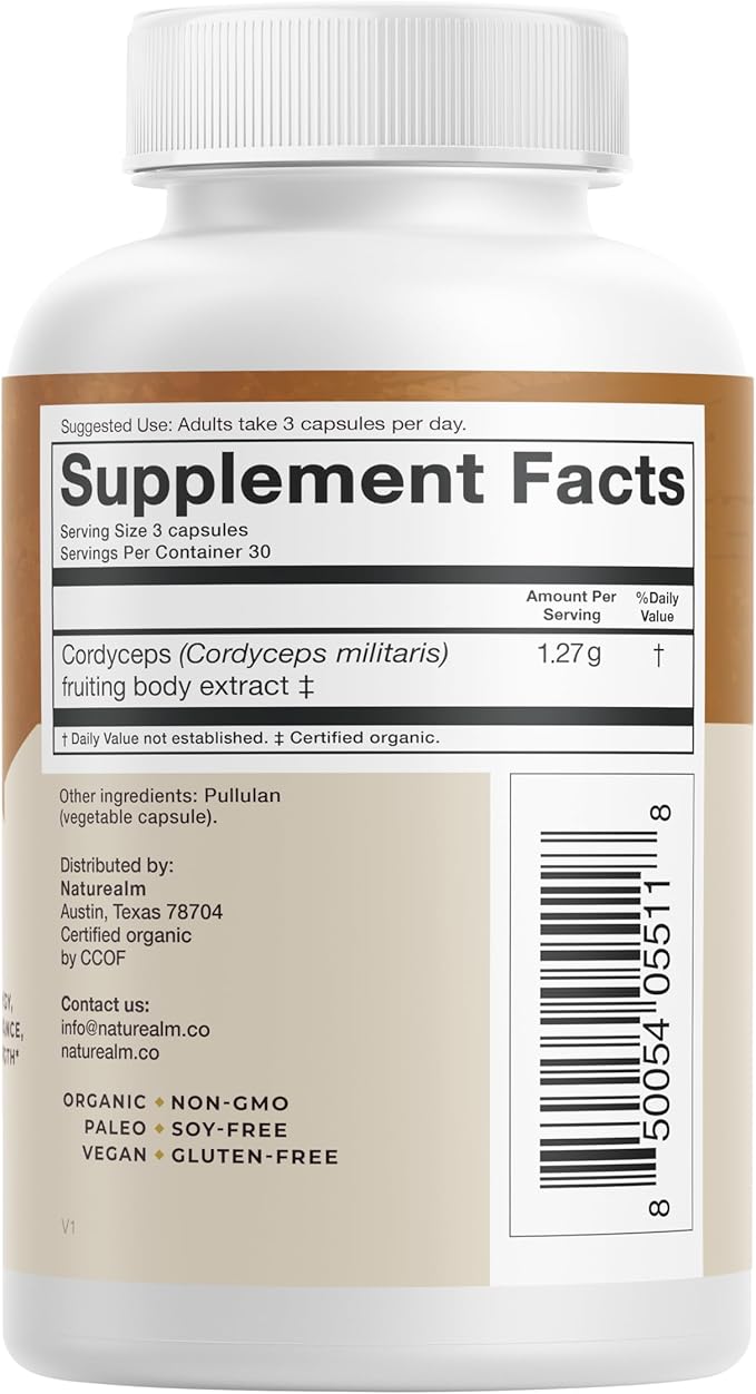Naturealm Cordyceps Mushroom Capsules - Organic Mushroom Extract for Focus, Energy & Mental Clarity - 100% Mushroom Fruiting Bodies - Cordyceps Militaris Supplement (90 Vegetarian Capsules)