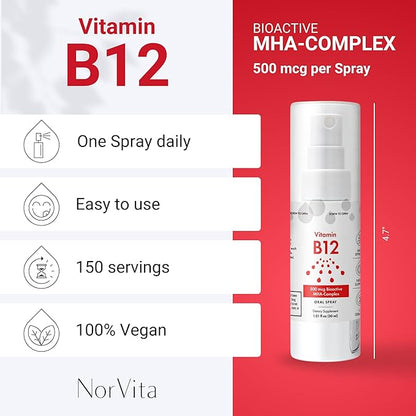 Vitamin B12 Spray 500 mcg (150 Servings) - Quick Absorption MHA Complex (Methylcobalamin, Hydroxycobalamin, Adenosylcobalamin) - Vegan, Non-GMO, Liquid B12 Supplement