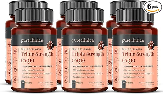 pureclinica CoQ10-300mg x 540 Tablets (6 Bottles with 90 Tablets Each - 18 Months Supply) with Vitamin C and Black Pepper Extract