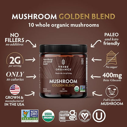 TRIBE ORGANICS Mushroom Golden Blend Vegan Capsules Supplement - Adaptogenic Mushrooms Powder Immune Support Supplement - 10-in-1 Mushrooms for Immunity Support & Brain Health - 90 Count 30 Servings