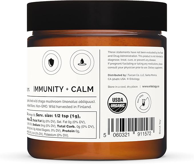 Erbology Organic Chaga Mushroom Powder 50 Servings - 7% Beta-glucans - Immunity Support - Inonotus Obliquus - Small Batch - Sustainably Wild Harvested in Finland - Vegan - Non-GMO - No Added Fillers