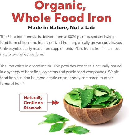 Organic Iron Supplement | Whole Food Iron & Cofactors, 25 mg Elemental Iron | Enhanced Absorption Plus Blood Builder Vitamins - Gentle Form - Support Healthy Iron Level & Blood Health - 90 Capsules