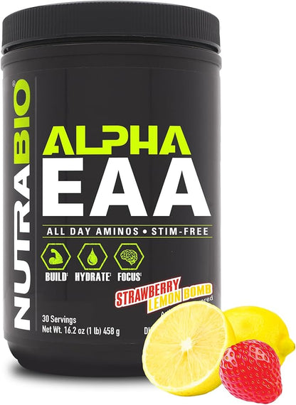 NutraBio Alpha EAA - All-Day Amino Acids for Muscle Growth - Essential Amino Acids - Full Spectrum EAA BCAA Powder- Amino Acid Supplement - 30 Servings - Strawberry Lemon