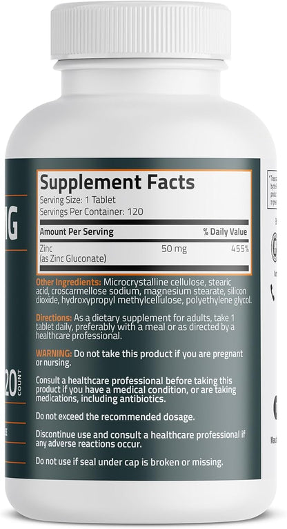 Bronson Zinc 50 MG High Potency Supports Skin Health - Non-GMO, 120 Vegetarian Tablets