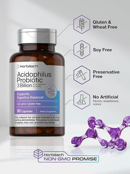 Horbäach Probiotic for Women & Men's Digestive Health | 3 Billion CFU | 90 Capsules | Non-GMO & Gluten Free