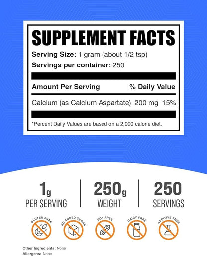 BulkSupplements.com Calcium Aspartate Powder - Calcium Supplement Powder, Essential Nutrient - Gluten Free, 1g per Serving, 250g (8.8 oz) (Pack of 1)