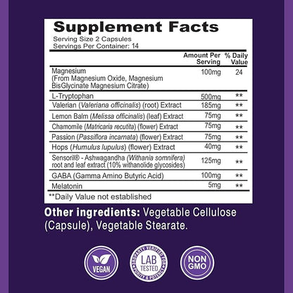 Natural Sleep Aid | Non-Habit Forming | Herbal Sleep Supplement for Better Sleep with Valerian, Melatonin, Magnesium, and Ashwagandha | Sleeping Pills for Adults (28 Vegan Capsules)