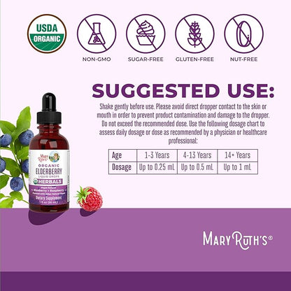 MaryRuth Organics Elderberry Syrup | USDA Organic | Sugar Free Immune Support Supplement for Adults & Kids, Ages 1 | Vegan, Non-GMO, Immune Boosters, Clean Label Project Verified | 1 Fl Oz