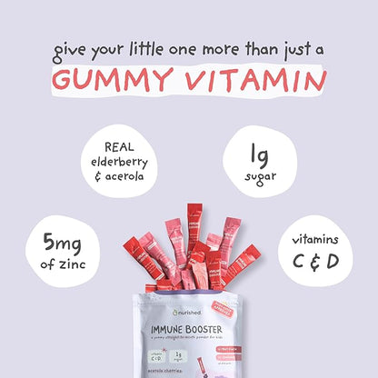 Kids Immune Booster with Elderberry, Acerola Cherry, Zinc, Vitamins C & D - Straight-to-Mouth Powder - 30 Servings - 2 Flavors