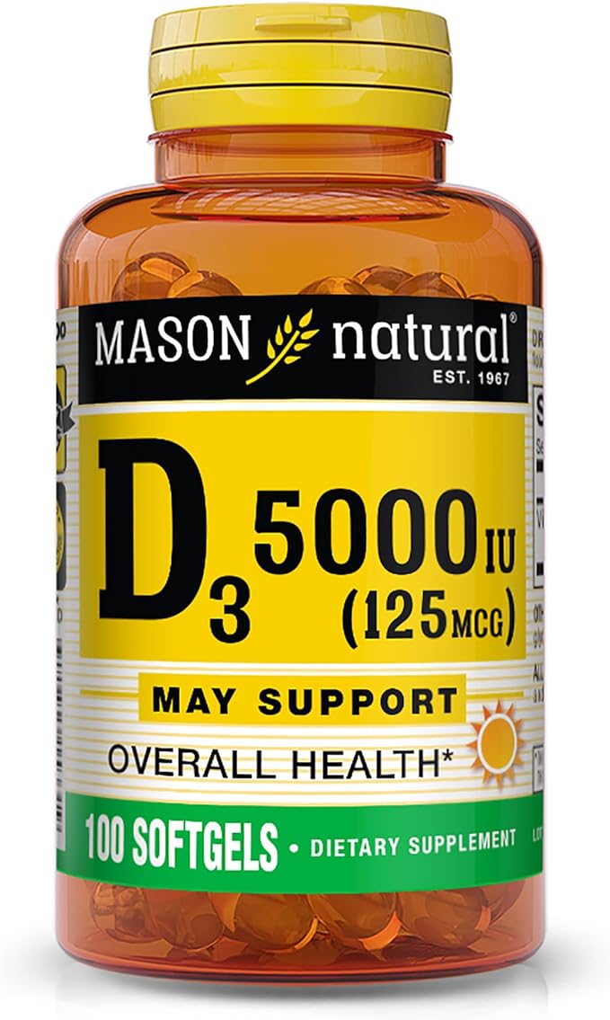 MASON NATURAL Vitamin D3 125 mcg (5000 IU) - Supports Overall Health, Strengthens Bones and Muscles, from Fish Liver Oil, 100 Softgels