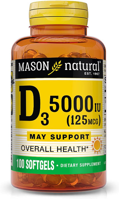 MASON NATURAL Vitamin D3 125 mcg (5000 IU) - Supports Overall Health, Strengthens Bones and Muscles, from Fish Liver Oil, 100 Softgels