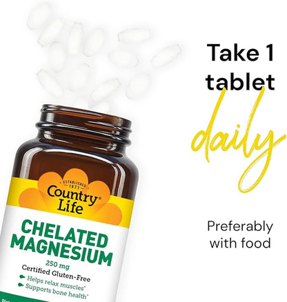 Country Life, Chelated Magnesium 250mg, Supports Bone and Immune Health, Daily Supplement, 240 ct
