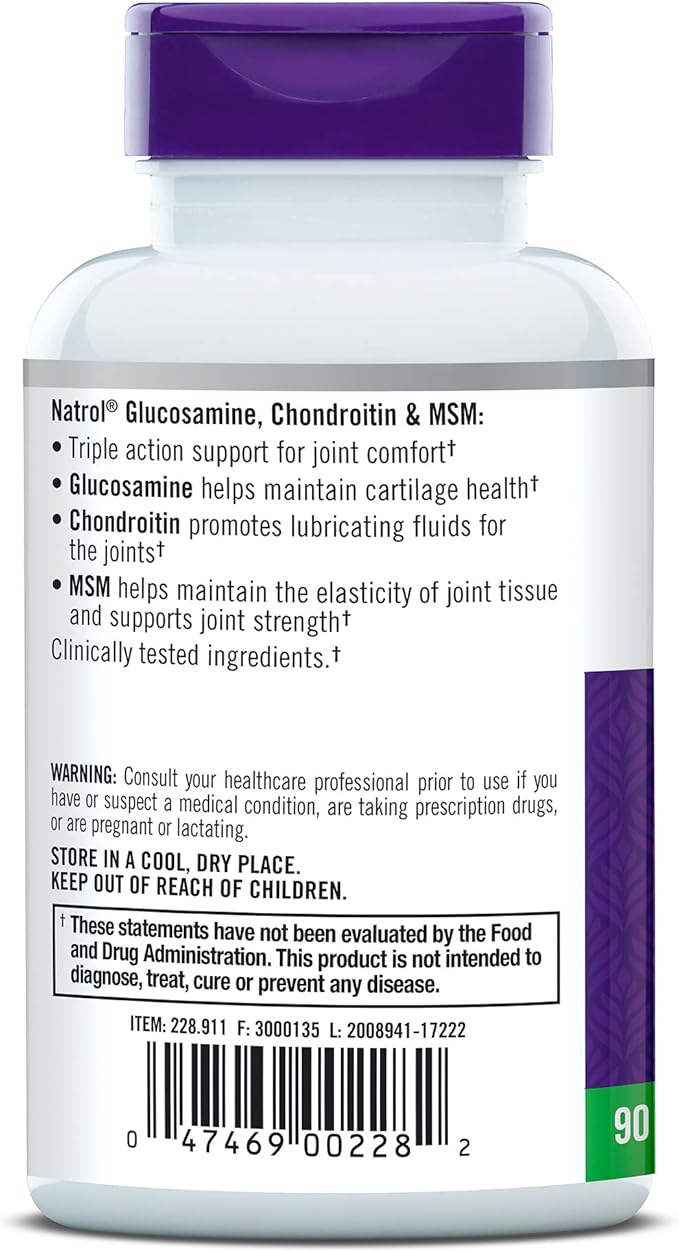 Natrol Glucosamine, Chondroitin and MSM, Joint Mobility, Tablets, 90 Count (Pack of 12)