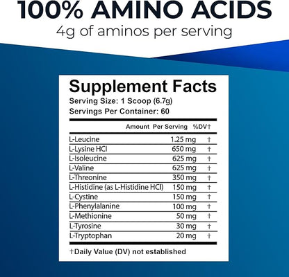 Ultimate Amino Complex Powder (Berry Flavor, 30 Servings, 4g Each) All 9 Essential Amino Acids Supplement with Cystine & Tyrosine - 2:1:1 BCAA Ratio - Energy, Lean Muscle & Recovery - Vegan & Non-GMO