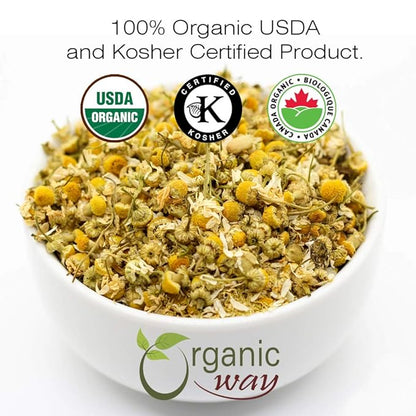 Organic Way Chamomile Flower Whole (Matricaria chamomilla) - Herbal Tea | European Wild-Harvest | Kosher & USDA Certified | Vegan, Non-GMO & Gluten Free | 100% Raw from Albania (1LBS / 16Oz.)