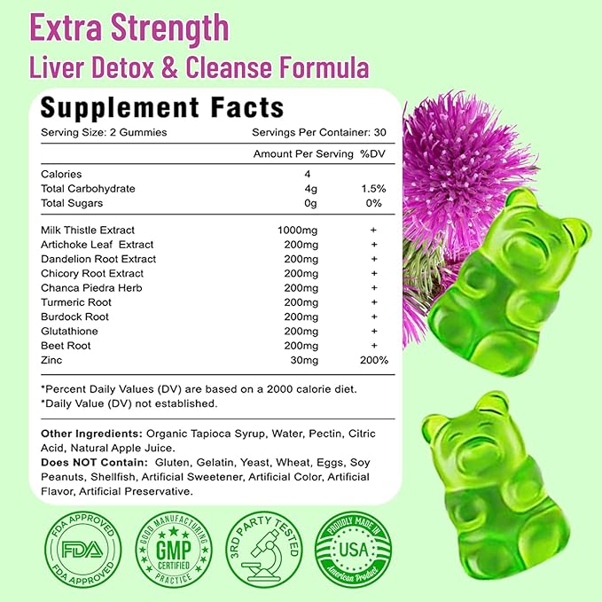 Milk Thistle Gummies for Adults Kids. Liver Cleanse Detox Repair Gummies, Milk Thistle Extract Supplement for Liver Support Digestive Antioxidant, 60ct Apple Flavor