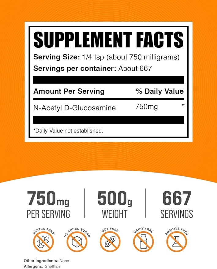 BulkSupplements.com N-Acetyl Glucosamine Powder - NAG Powder, Glucosamine 750mg, Glucosamine Supplement - Gluten Free, 750mg of per Serving, 500g (1.1 lbs) (Pack of 1)
