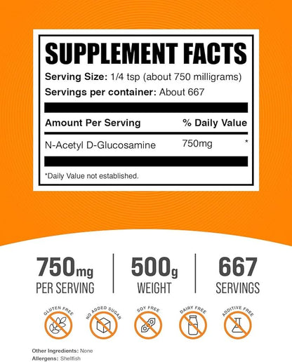 BulkSupplements.com N-Acetyl Glucosamine Powder - NAG Powder, Glucosamine 750mg, Glucosamine Supplement - Gluten Free, 750mg of per Serving, 500g (1.1 lbs) (Pack of 1)