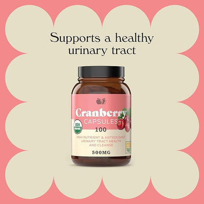 Organic Cranberry Capsules - 100 Count - 475 mg Supplement - Vegan Natural Cranberry Concentrate & Powder Pills