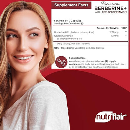 NutriFlair Premium Berberine HCL 1200mg, 60 Capsules - Plus Pure True Ceylon Cinnamon, Berberine HCI Root Supplements Pills - Immune System - yields an Optimal 8% Berberine