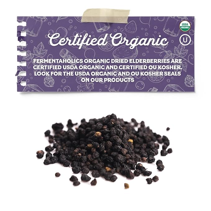 Fermentaholics | USDA Organic Dried Elderberries - 1 LB | All Natural Free of Chemicals | for Syrup, Gummies, Kombucha, Tea, and Wine | Sambucus Nigra | Elderberry Syrup Instructions Included