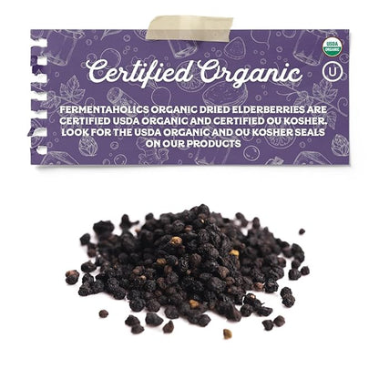 FERMENTAHOLICS | USDA Organic Dried Elderberries - 8 oz | All Natural Free Of Chemicals | For Syrup, Gummies, Kombucha, Tea, and Wine | Sambucus Nigra | Elderberry Syrup Instructions Included