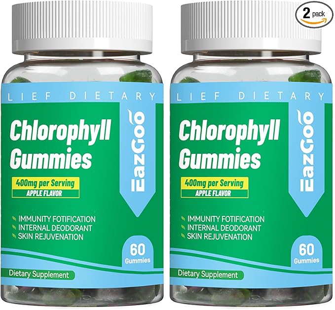 2 Pack Chlorophyll Gummies for Body Odor Deodorant*, Sugar Free Chewable Chlorophyll for Immune Support Women Vegan Non-GMO, 120 Count