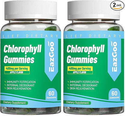 2 Pack Chlorophyll Gummies for Body Odor Deodorant*, Sugar Free Chewable Chlorophyll for Immune Support Women Vegan Non-GMO, 120 Count