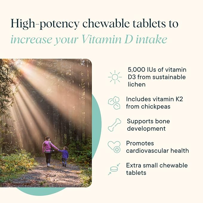 Ora Organic Vitamin D3 5000IU + K2 - Vegan Vitamin D from Lichen and K2 from Chickpeas for Bone Health, Immune Support, & Mood, Maximum Absorption - 1 Month Supply, 30 Chewable Tablets
