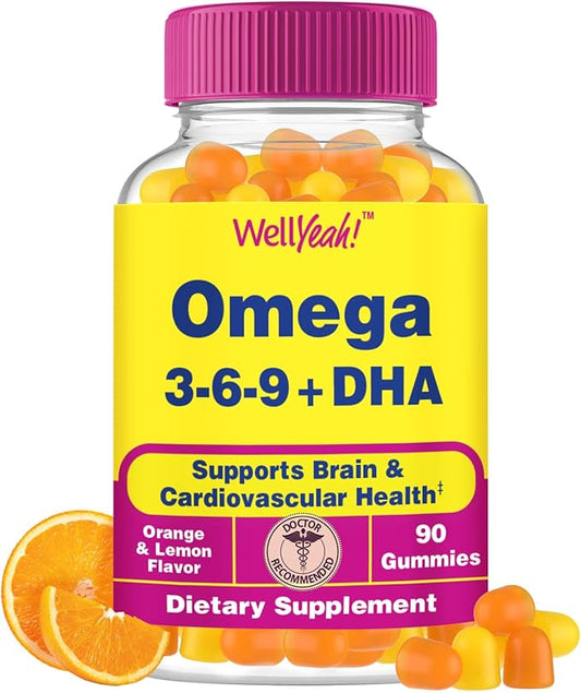 Omega 3 6 9 Gummies | with Flaxseed Oil and DHA | Vegetarian Omega 3 Fish Oil Alternative | GMO Free, Gluten Free, Orange & Lemon Flavor | Natural Sourced Colors and Flavors | 90 Count