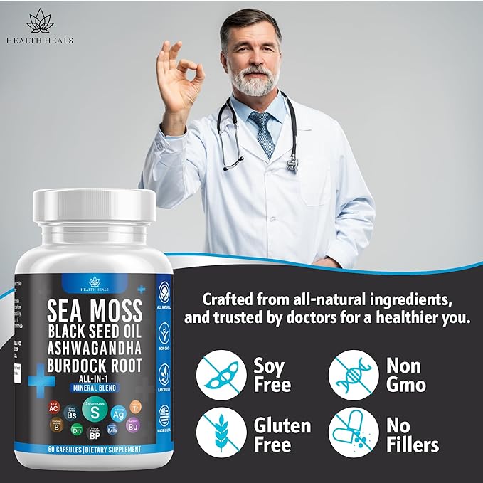 Silicon Sea Moss Black Seed Oil Ashwagandha Bladderwrack Burdock - 180 Count