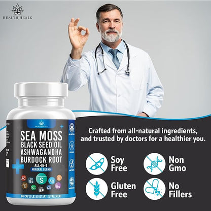 Silicon Sea Moss Black Seed Oil Ashwagandha Bladderwrack Burdock - 180 Count