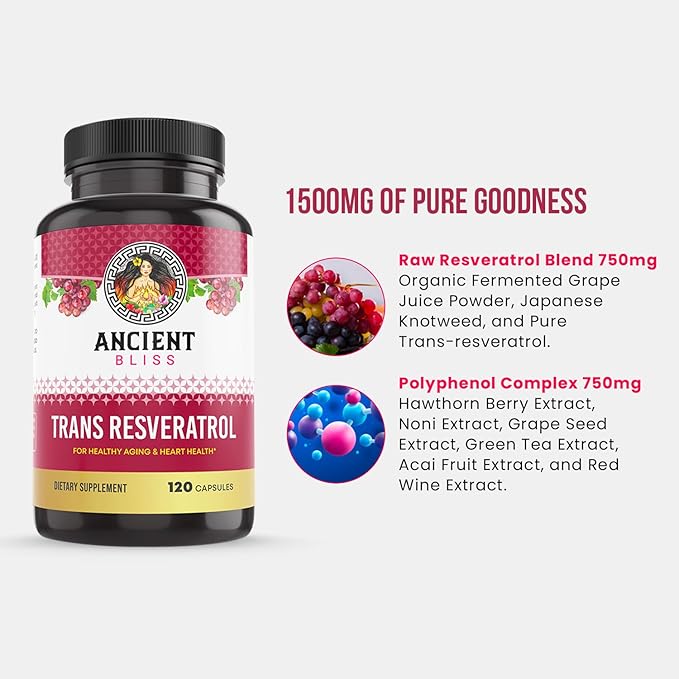 Ancient Bliss Resveratrol Powerful Antioxidant Supplement with Green Tea, Grape Seed Extract for Healthy Aging for Men & Women