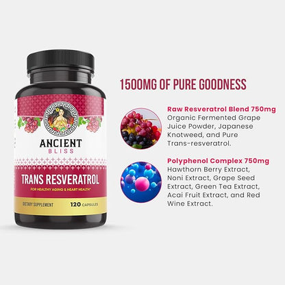 Ancient Bliss Resveratrol Powerful Antioxidant Supplement with Green Tea, Grape Seed Extract for Healthy Aging for Men & Women