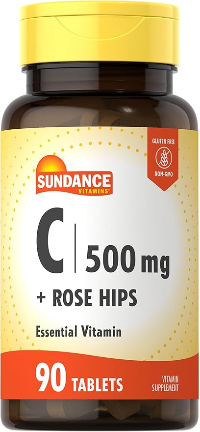 Sundance Vitamin C with Rose HIPS | 500mg | 90 Vegetarian Tablets | Essential Vitamin | Vegetarian, Non-GMO, and Gluten Free Supplement
