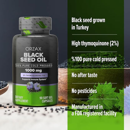 ORZAX Black Seed Oil Cold Pressed 100% Pure | Non-GMO - Rich in Omega 3 6 9 & Thymoquinone | Black Cumin Nigella Sativa Oil for Immune Support, Hair, Skin, Face (1000 mg - 90 Softgel Capsules)