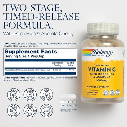 SOLARAY Vitamin C 1000mg - Time Release Vitamin C Capsules w/Rose HIPS and Acerola for Bioflavonoid Support - Two-Stage, All-Day Immune Support - Vegan, 60 Day Guarantee, 100 Servings, 100 VegCaps
