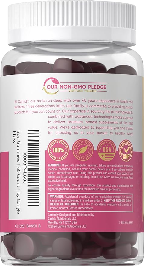 Carlyle Iron Gummies | Plus B-Complex Vitamins | 60 Vegan Gummies | Grape Flavor | Non-GMO, Gluten Free Supplement