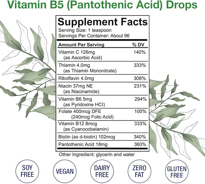 HoneyCombs Vitamin B5 Pantothenic Acid Supplement Liquid Drops - High Potency Vitamin B5 for Men & Women - Maintain Healthy Hormones, Immune System, Hair, Skin, Nail - Vegan Liquid Vitamins (16 Fl oz)