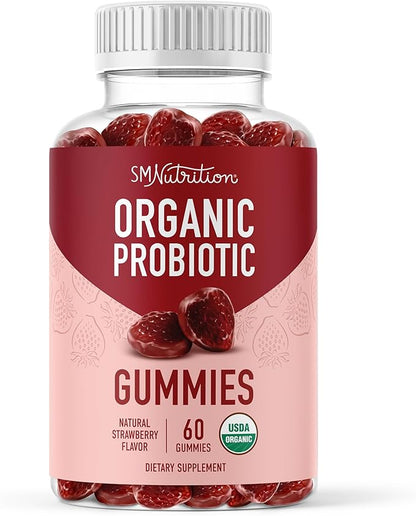 Organic Probiotics Gummies | 5 Billion CFU Probiotics for Digestive Health & Immune Support | Hardy Bacillus Subtilis | Strawberry Gummies | Shelf Stable, Gluten-Free, Vegan | 60 Ct. (1 Month Supply)