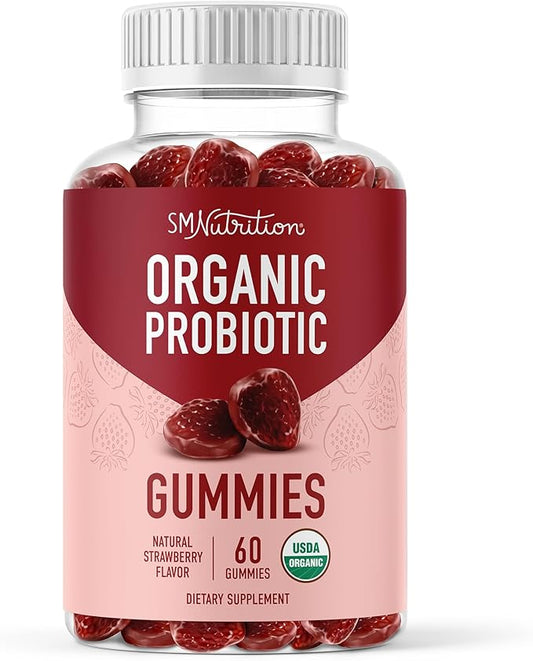 Organic Probiotics Gummies | 5 Billion CFU Probiotics for Digestive Health & Immune Support | Hardy Bacillus Subtilis | Strawberry Gummies | Shelf Stable, Gluten-Free, Vegan | 60 Ct. (1 Month Supply)