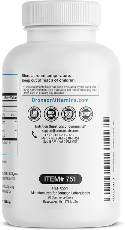Bronson Omega 3 Fish Oil Triple Strength 2720 mg, High EPA 1250 mg DHA 488 mg, Non-GMO Heavy Metal Tested, 180 Softgels