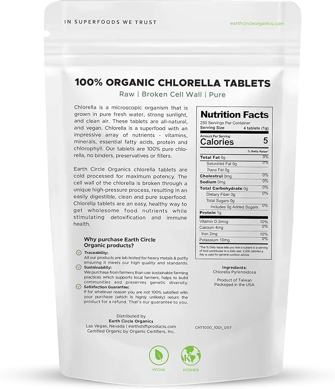 Organic Chlorella Tablets 1,000 Count | High Potency Superfood | Chlorophyll Pills from 100% Pure Green Algae | Broken Cell Wall for Max Absorption | Vegan, Kosher, Non-GMO | 4 Tabs per Day (1-Pack)