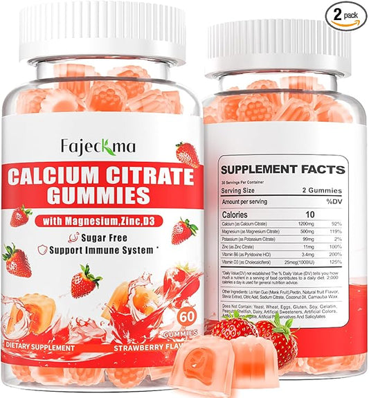 Calcium Citrate Gummies for Women Men: 1200 Calcium Magnesium Zinc with Vitamin D3 B6 Supplement for Adult - Vegan High Absorption Chewable Gummy Sugar Free(120Count)